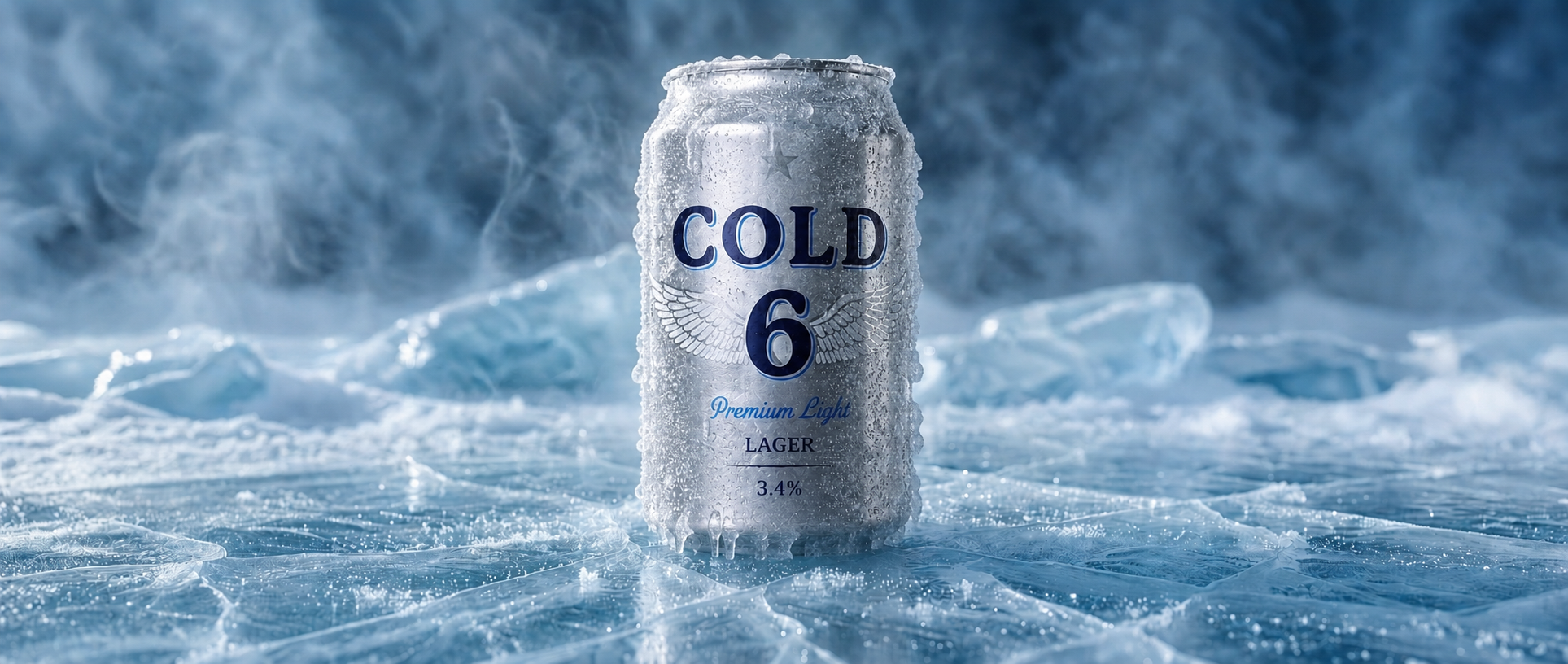 Cold 6 Premium Light Lager can on ice with mountain lake backdrop